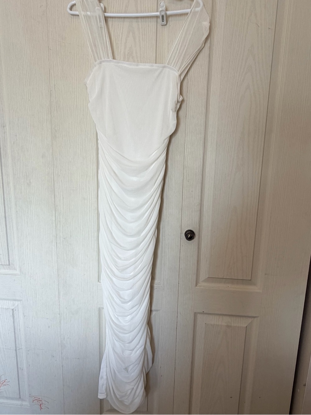 Elegant White Ruched Sheer-Strap Maxi Dress